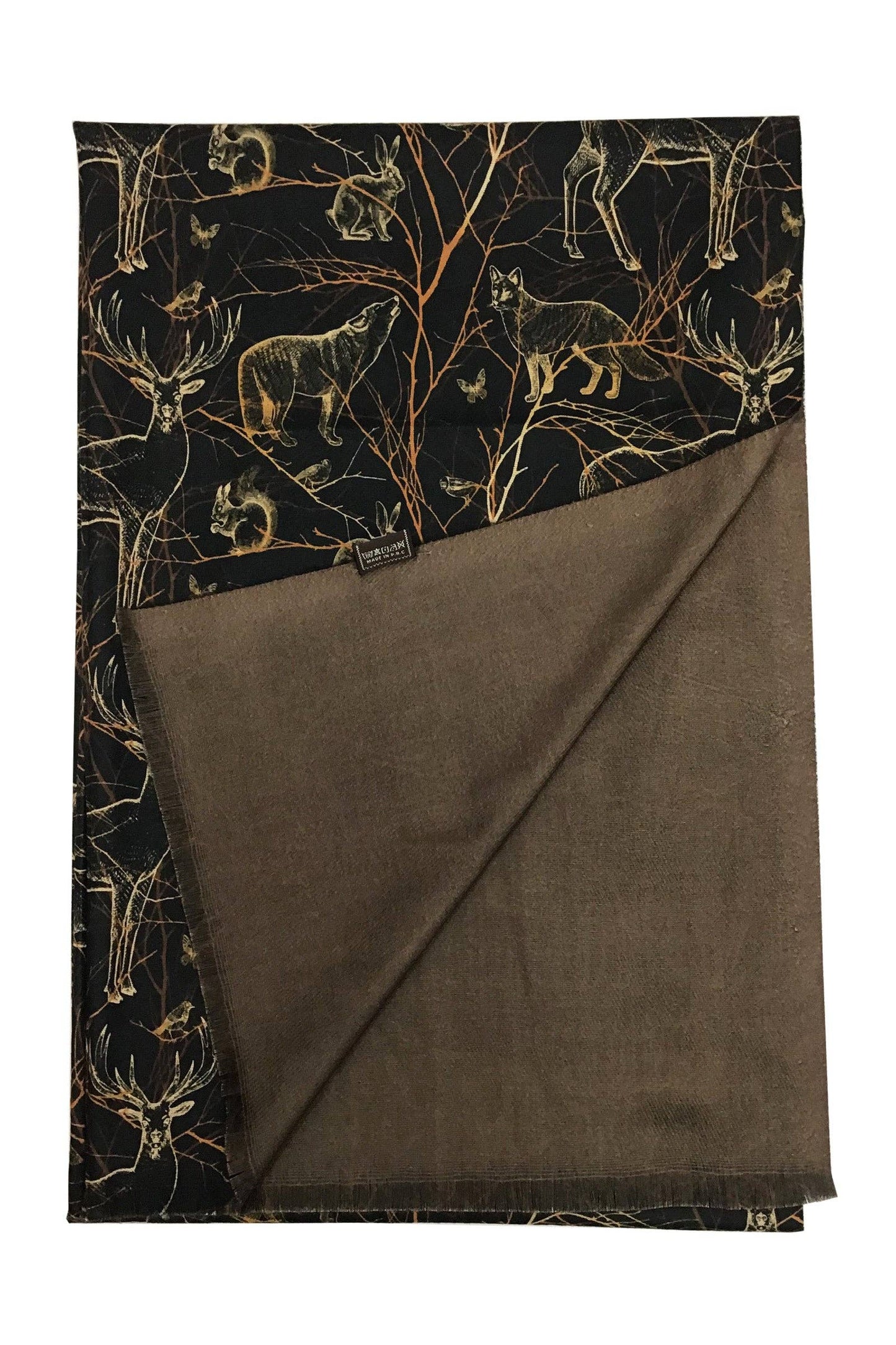 Woodland Animals Print Wool Scarf: Black