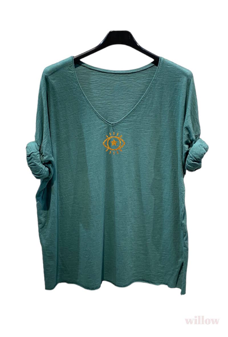 Plain cotton top with long sleeves eye logo: Khaki