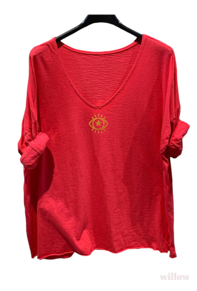 Plain cotton top with long sleeves eye logo: Beige