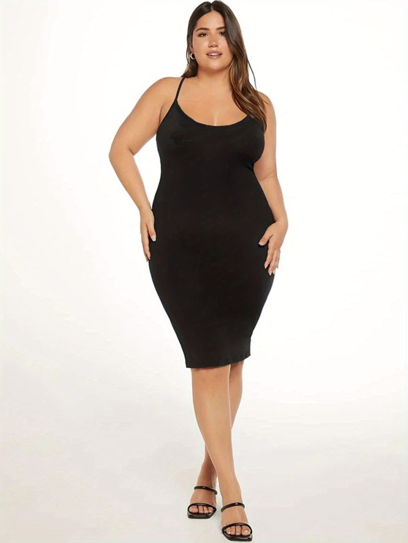 [3 Pack Plus Size Cami Dress] 3 Pack Plus Size Basic Dress Set, Women's Plus Solid Round Neck Medium Stretch Slim Fit Cami Dress Three Piece Set