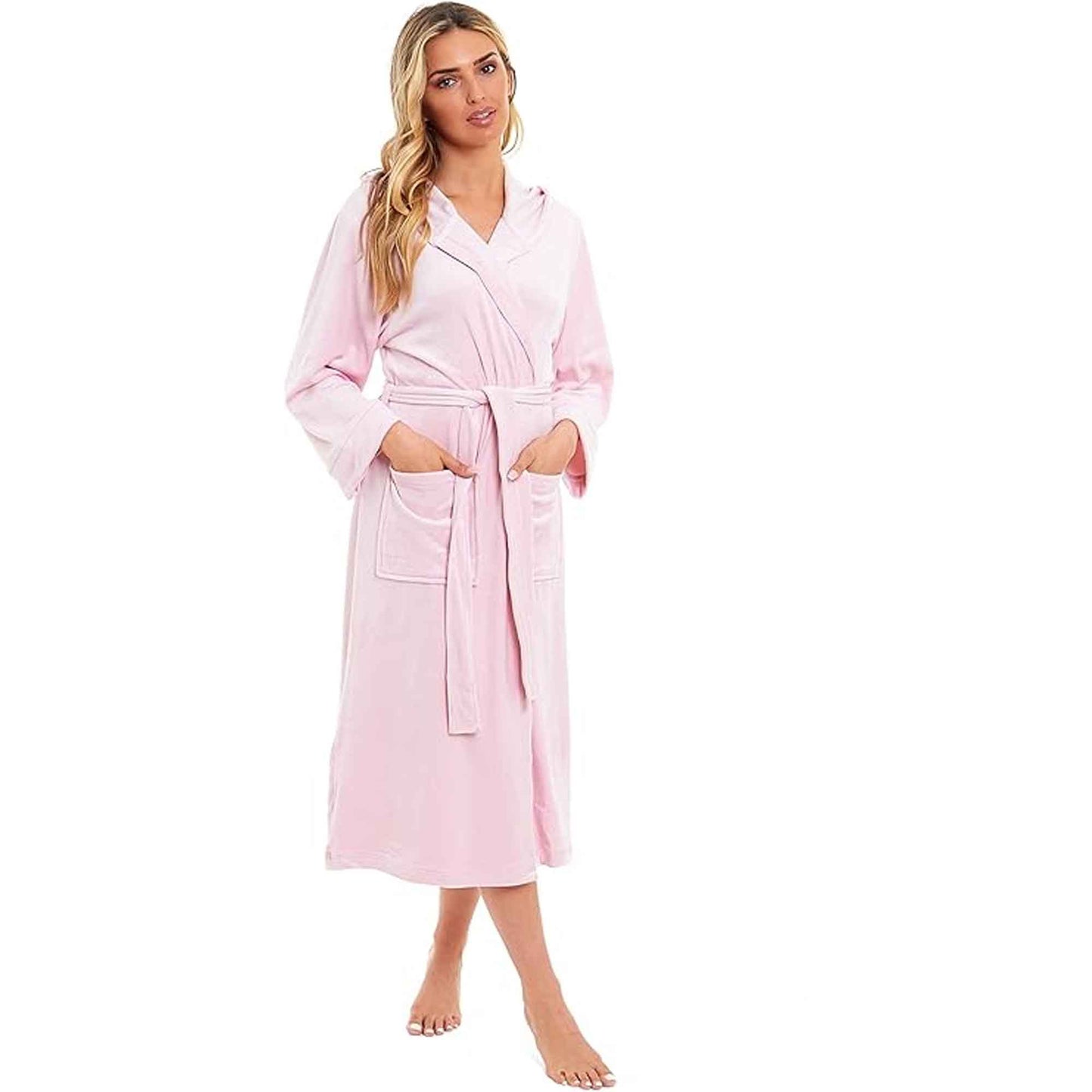Elegant Women's Hooded Velour Robe Ultra-Soft Luxurious Bathrobe Perfect for Lounging Spa and Gym in Pink and Grey Adjustable Fit Multiple Sizes by Daisy Dreamer
