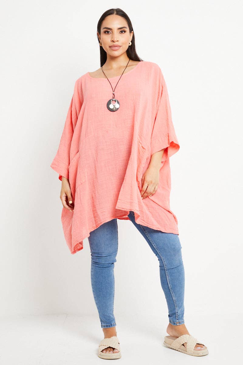 Italian Plain Cotton Necklace Batwing Boxy Top: Light Grey / One Size To Fit UK 10-24