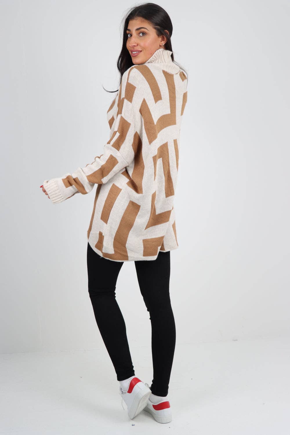 Italian High Neck Fendi Print Knitted Jumper: Khaki / One Size To Fit UK 8-24