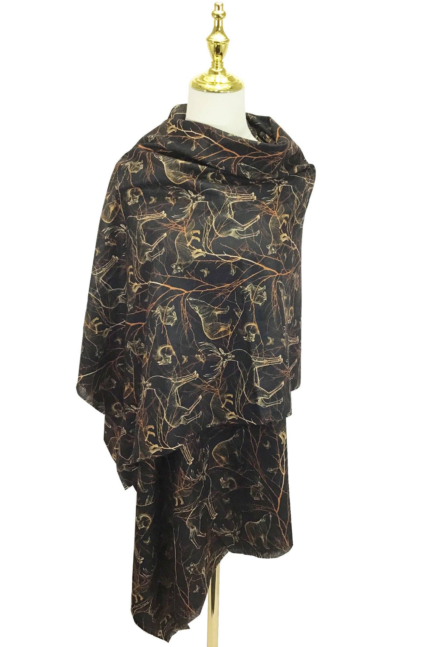 Woodland Animals Print Wool Scarf: Black