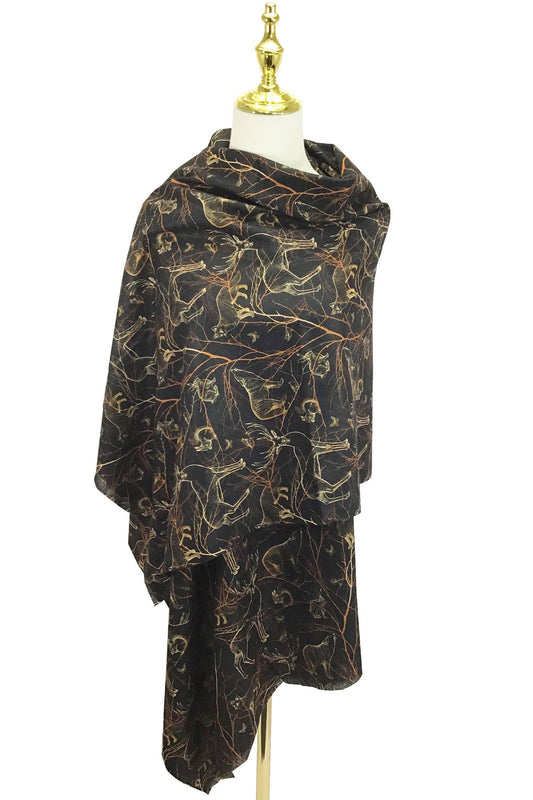 Woodland Animals Print Wool Scarf: Black