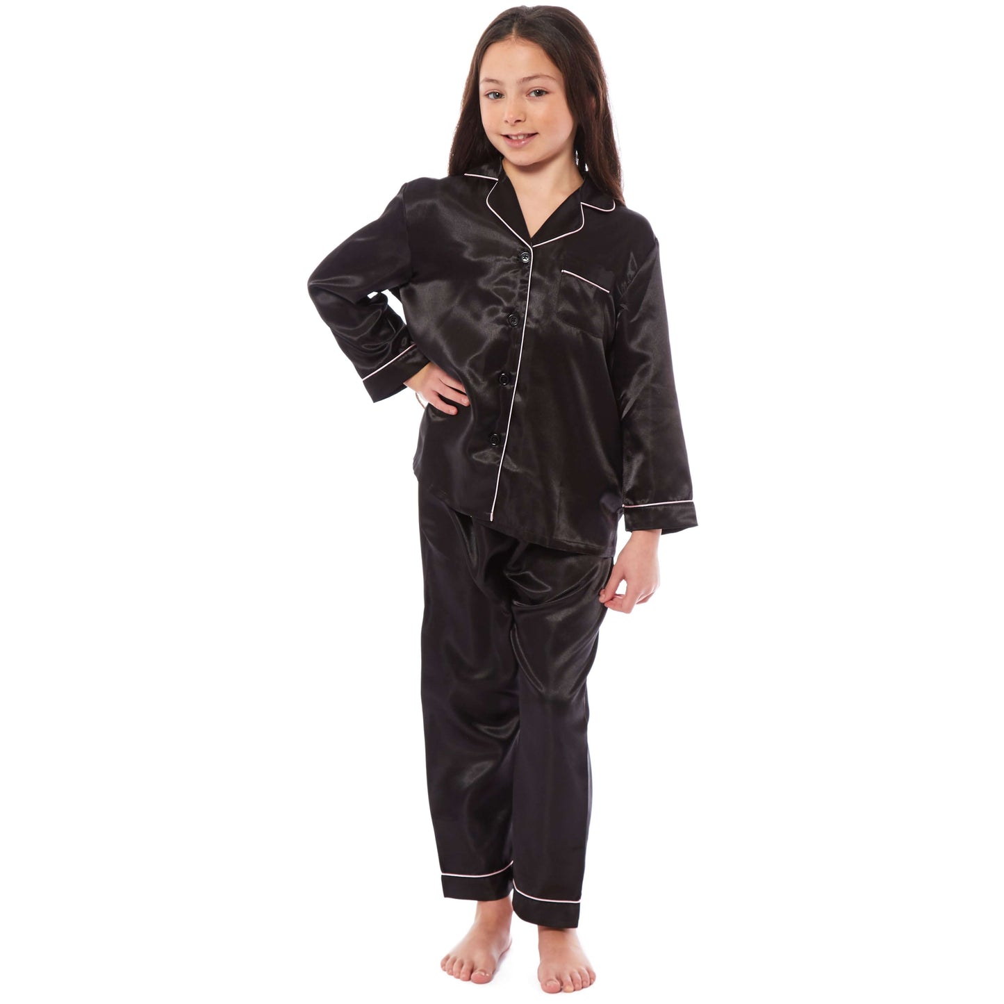 Girls Long Sleeve Satin Silk Pyjama Set Comfortable Button-Down Sleepwear in Black Pink Grey Sizes 5-14 YRS by Daisy Dreamer