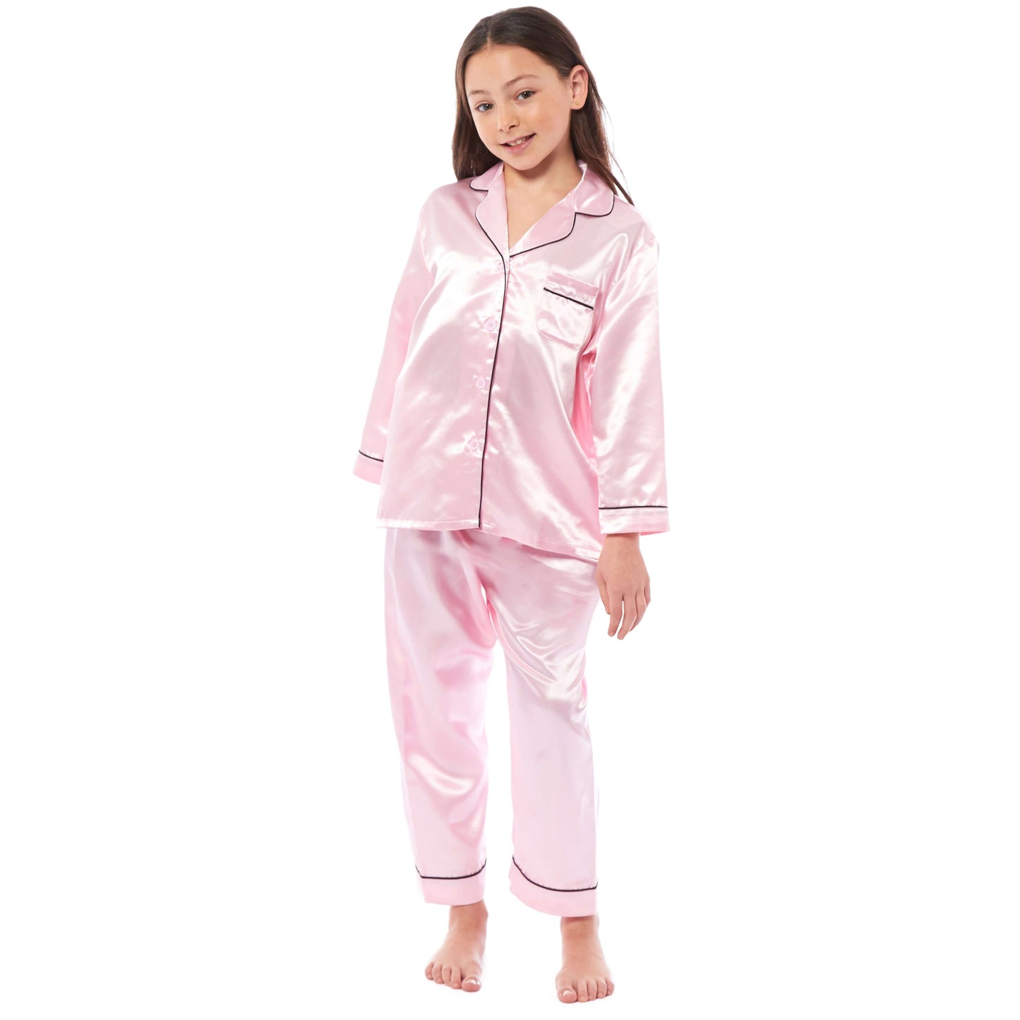 Girls Long Sleeve Satin Silk Pyjama Set Comfortable Button-Down Sleepwear in Black Pink Grey Sizes 5-14 YRS by Daisy Dreamer