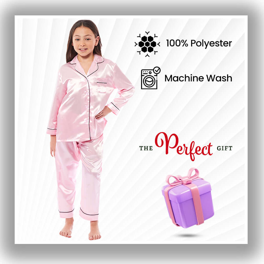 Girls Long Sleeve Satin Silk Pyjama Set Comfortable Button-Down Sleepwear in Black Pink Grey Sizes 5-14 YRS by Daisy Dreamer