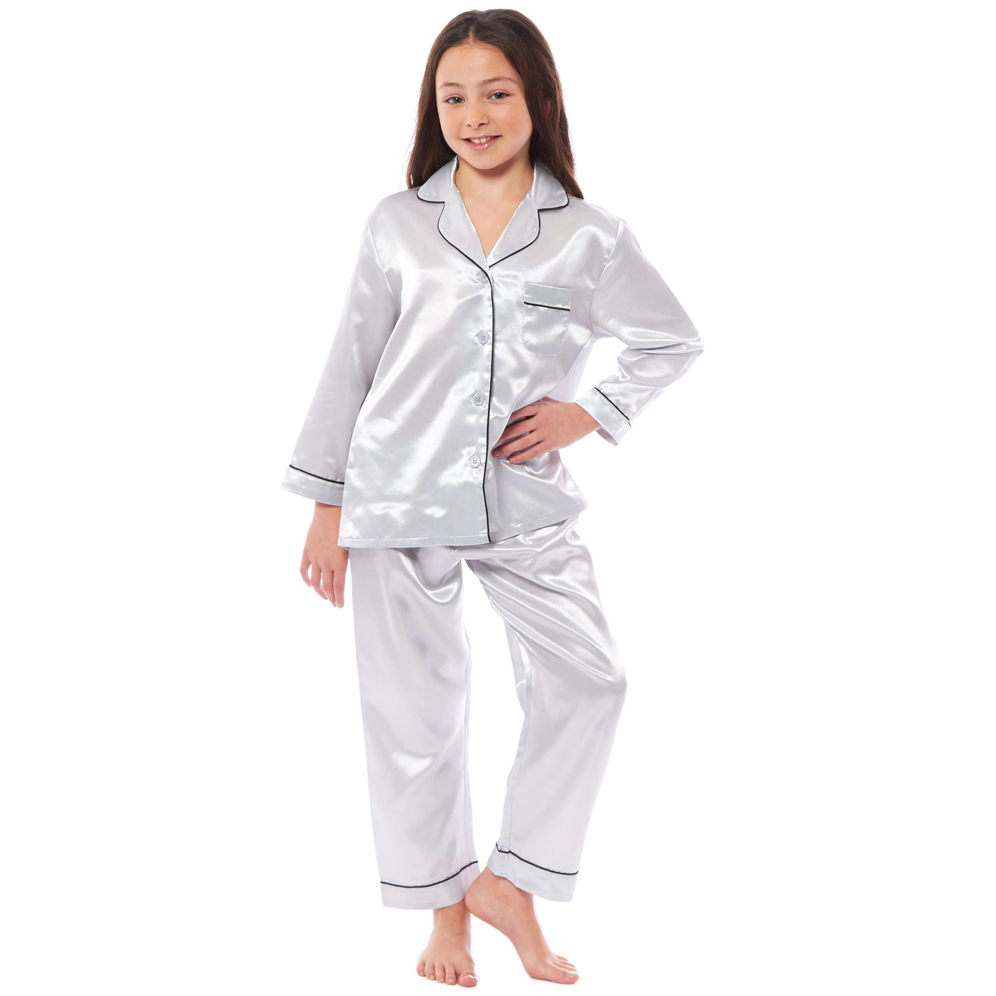 Girls Long Sleeve Satin Silk Pyjama Set Comfortable Button-Down Sleepwear in Black Pink Grey Sizes 5-14 YRS by Daisy Dreamer