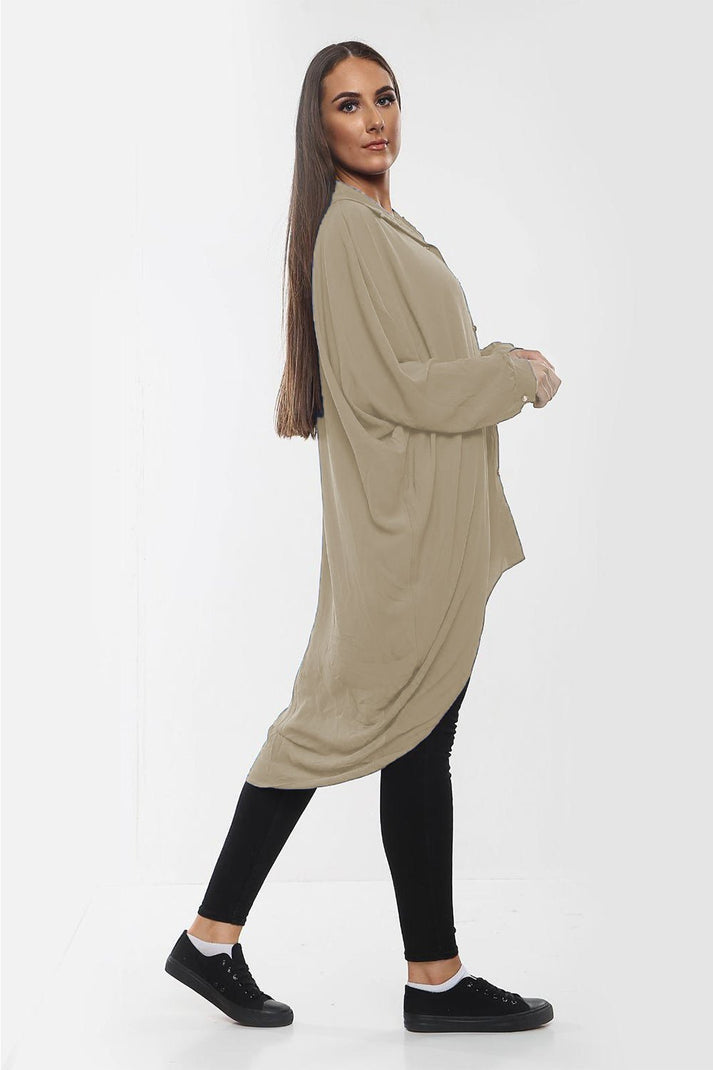 High-Low Oversized Button Long Top Shirt Dress with Hem and Long Sleeves