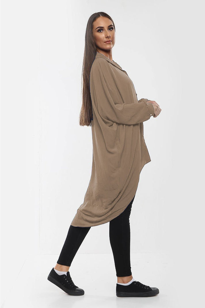 High-Low Oversized Button Long Top Shirt Dress with Hem and Long Sleeves