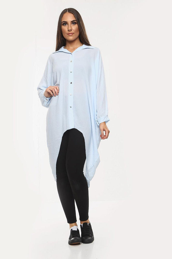 High-Low Oversized Button Long Top Shirt Dress with Hem and Long Sleeves