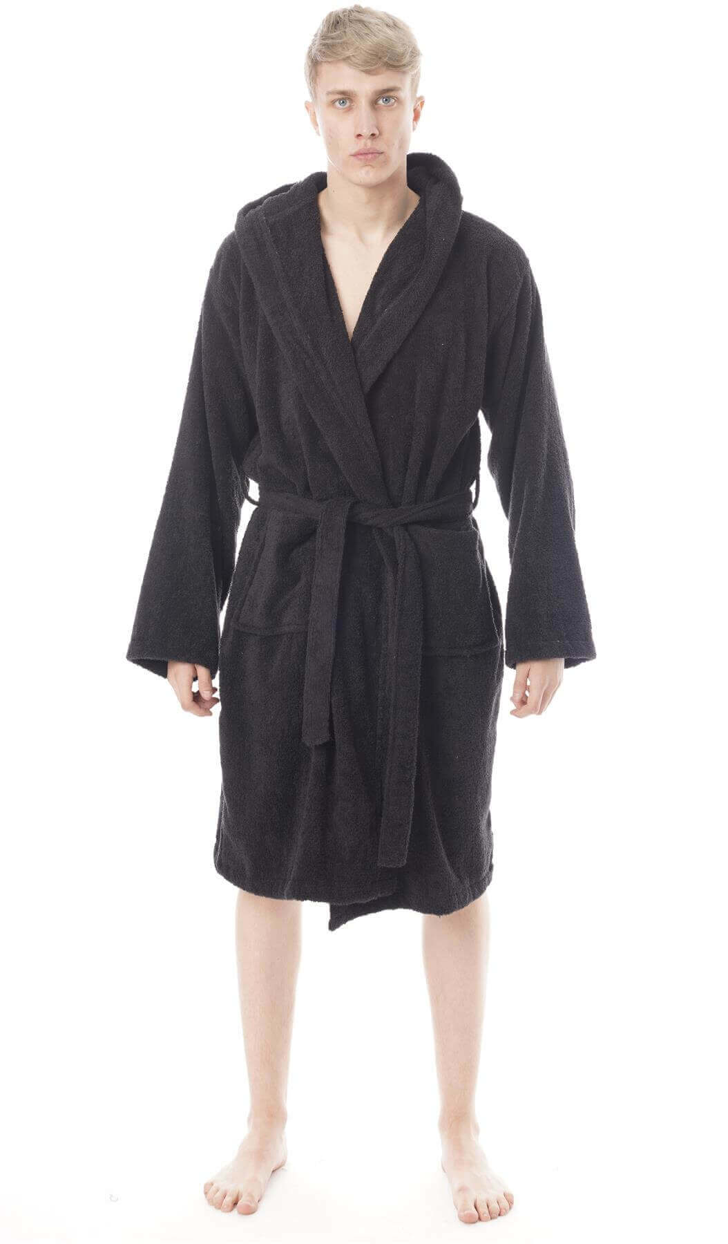 Hooded Mens Bathrobe Super Soft Terry Towelling Ultra Absorbing Flannel Black Navy Charcoal Long Pile Ideal for Shower Spa Home Gym Hotel by Toro Rocco