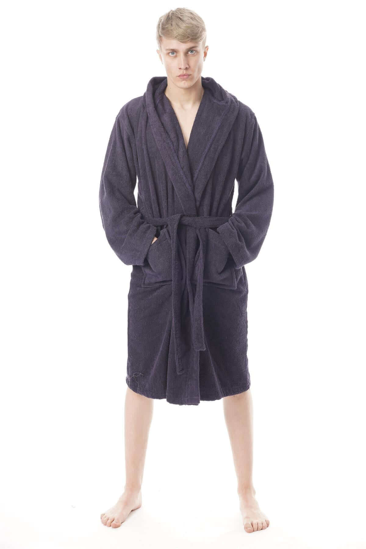 Hooded Mens Bathrobe Super Soft Terry Towelling Ultra Absorbing Flannel Black Navy Charcoal Long Pile Ideal for Shower Spa Home Gym Hotel by Toro Rocco