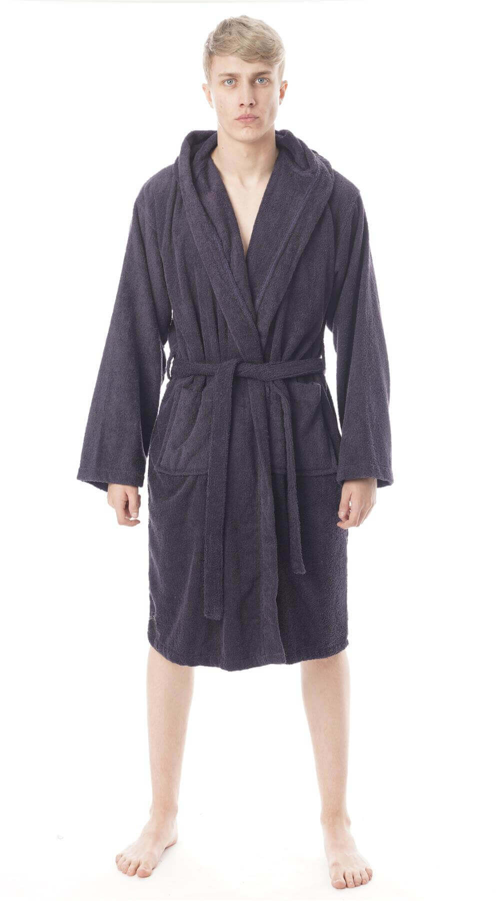 Hooded Mens Bathrobe Super Soft Terry Towelling Ultra Absorbing Flannel Black Navy Charcoal Long Pile Ideal for Shower Spa Home Gym Hotel by Toro Rocco