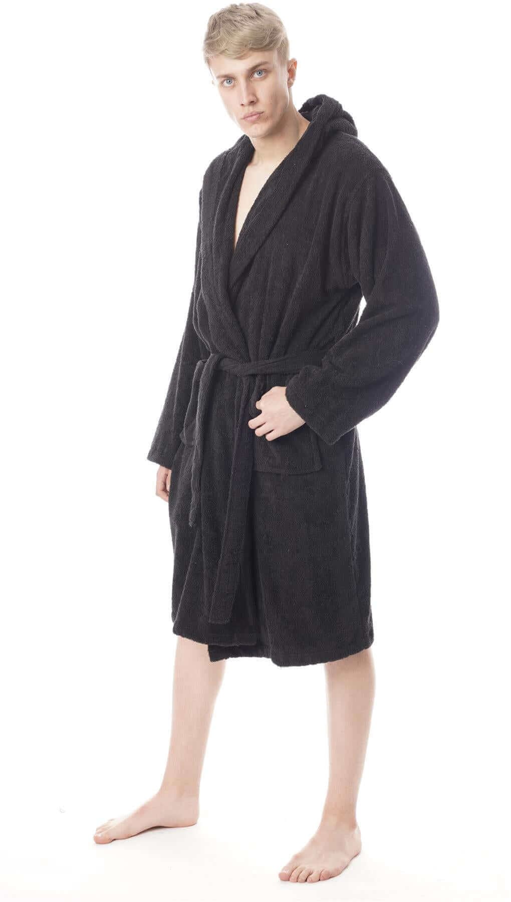 Hooded Mens Bathrobe Super Soft Terry Towelling Ultra Absorbing Flannel Black Navy Charcoal Long Pile Ideal for Shower Spa Home Gym Hotel by Toro Rocco