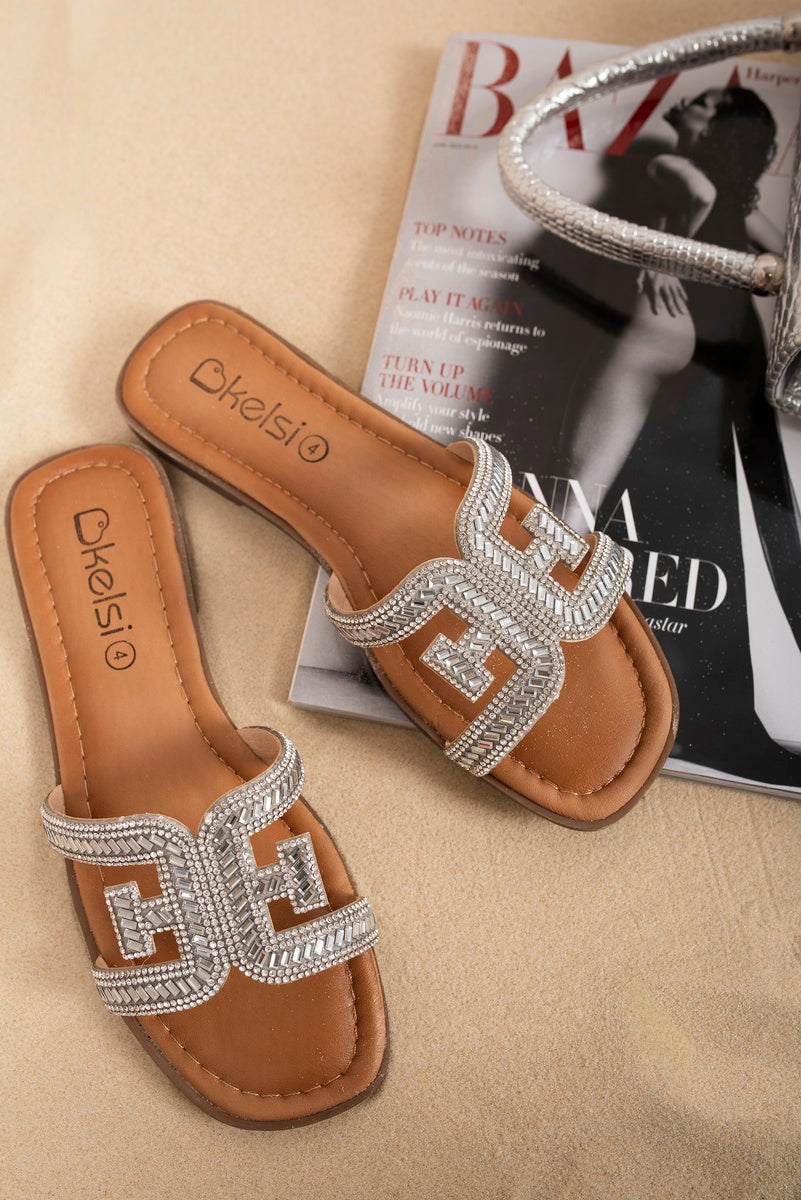 Embellished Flat Sandals with Cut-Out Strap Detail