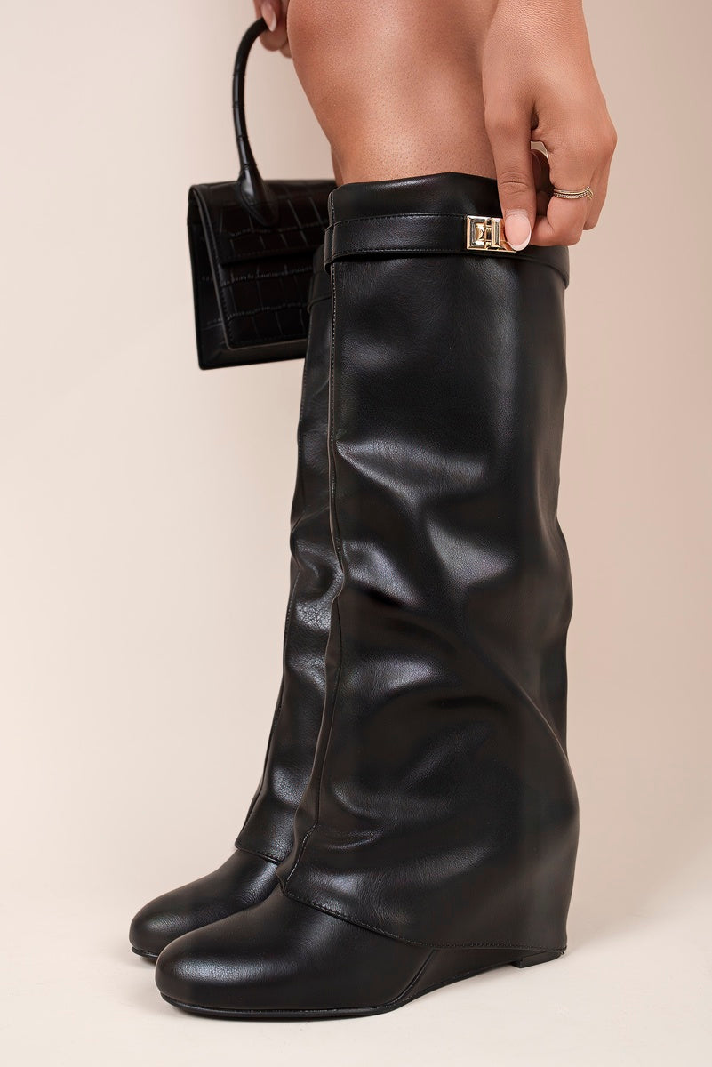Fold Over Detail Knee High Boots