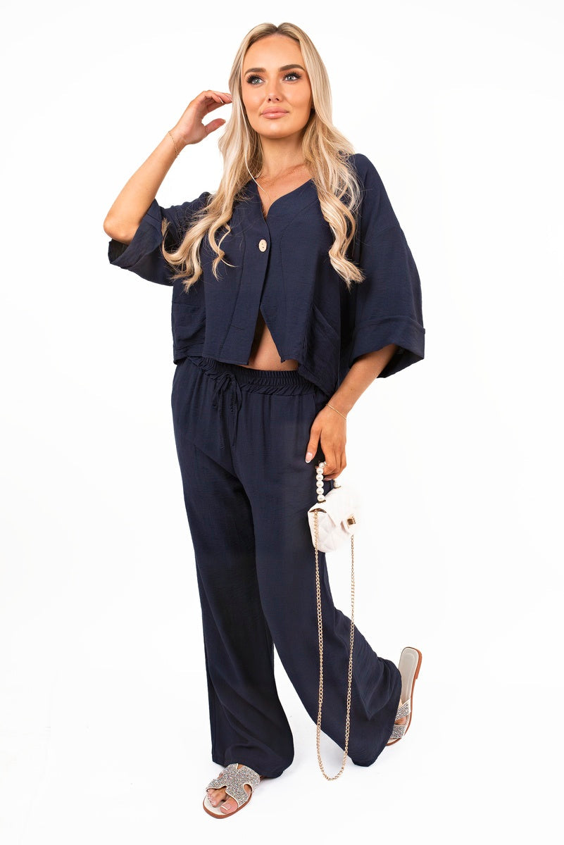 Button Front Wide Sleeve Top and Trouser Co-ord Set