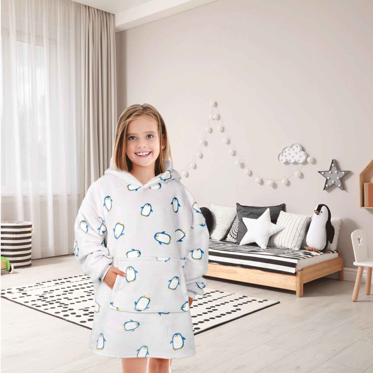 Kids Cozy Oversized Hooded Penguin Blanket Plush Flannel Fleece Hoodie with Sherpa Lining Ages 8-15 Warm Comfortable Durable Loungewear Gift by Daisy Dreamer