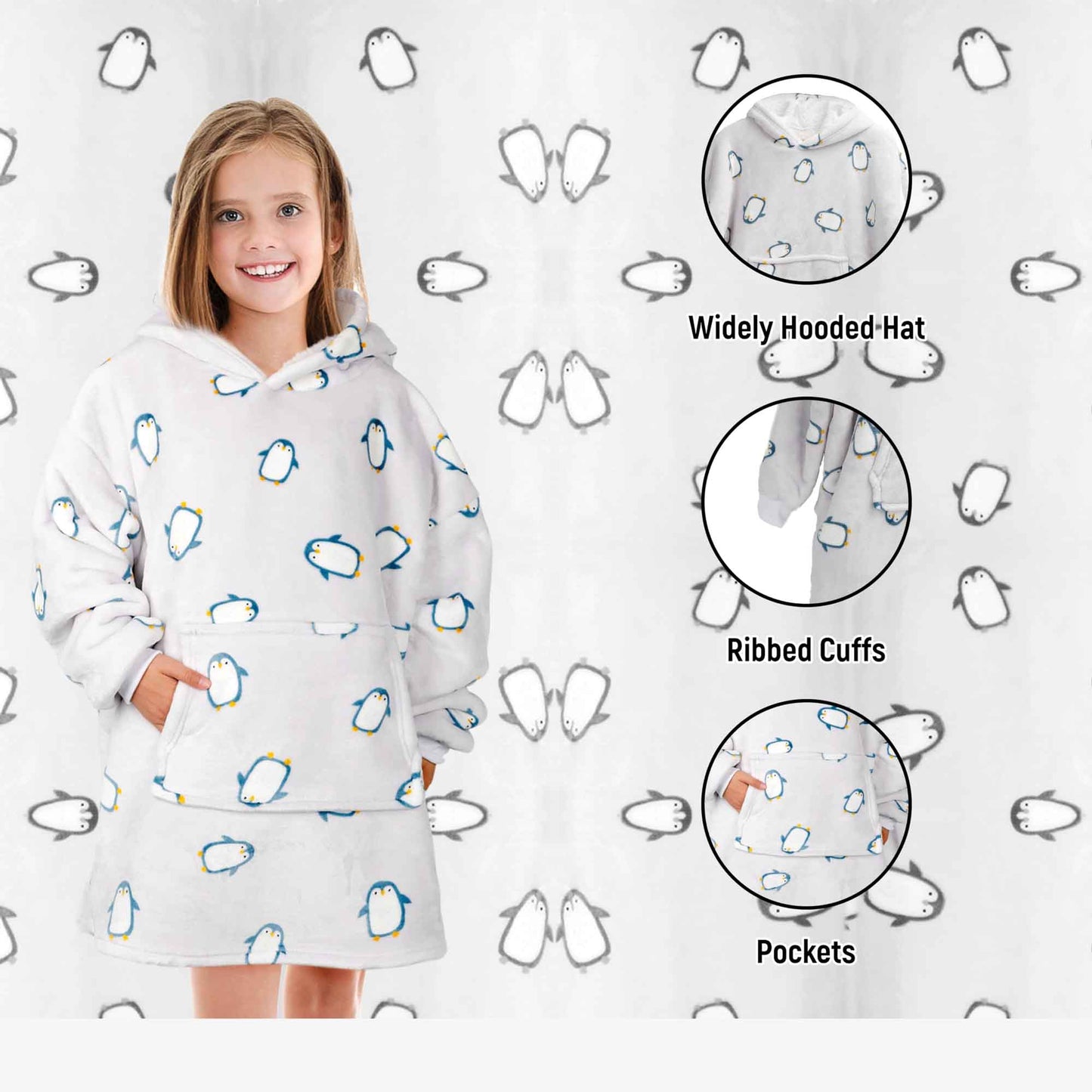 Kids Cozy Oversized Hooded Penguin Blanket Plush Flannel Fleece Hoodie with Sherpa Lining Ages 8-15 Warm Comfortable Durable Loungewear Gift by Daisy Dreamer