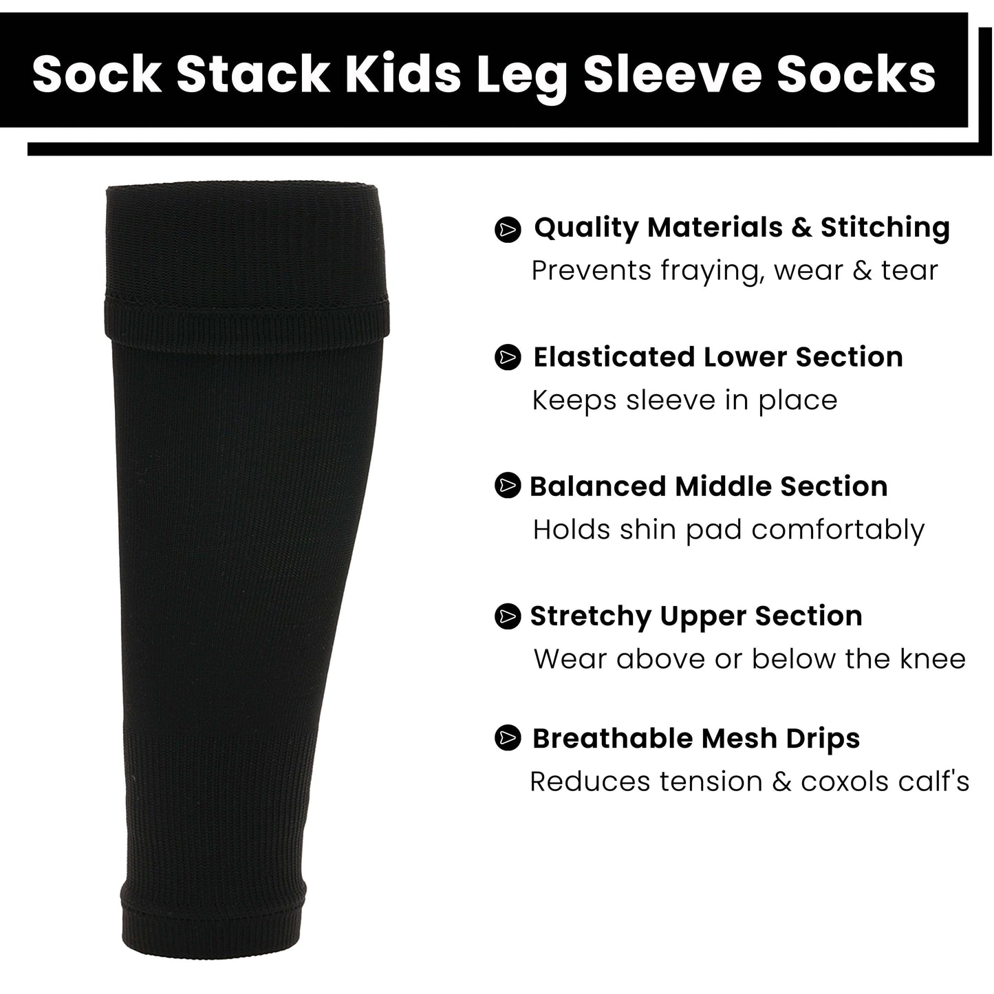 Kids Leg Sleeve Socks Black Fits Over Calf Shin Pads Compression Sleeves for Football Training Running by Sock Stack