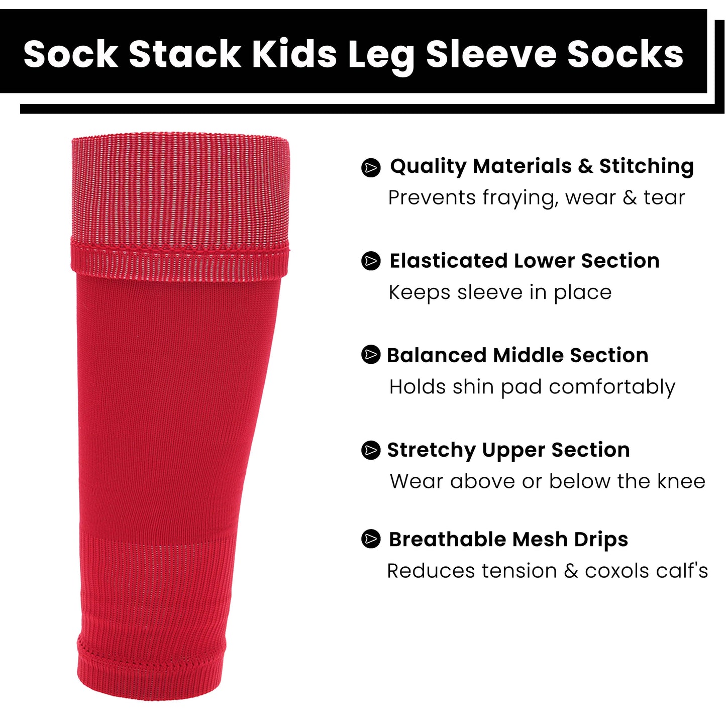 Kids Leg Sleeve Socks Red Fits Over Calf Shin Pads Compression Sleeves for Football Training Running by Sock Stack