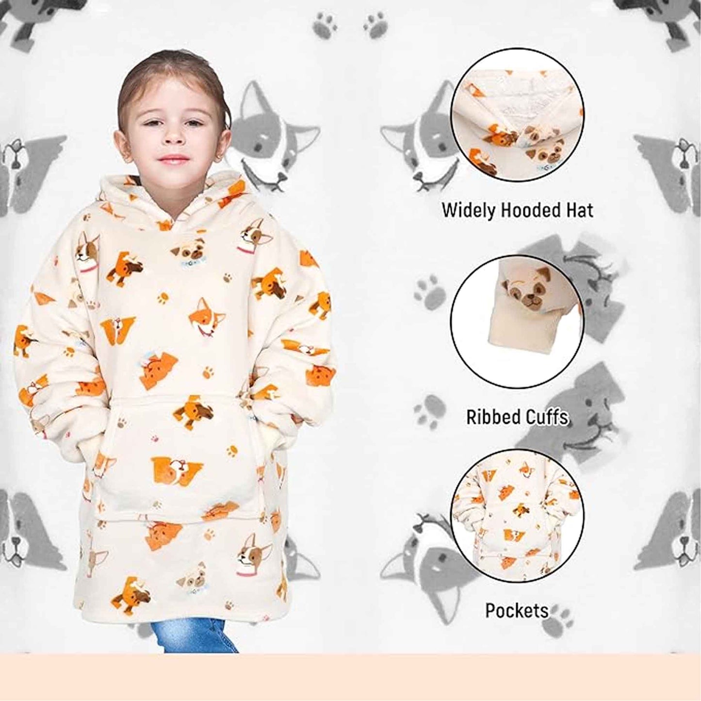 Kids Oversized Hooded Blanket Sweatshirt Ultra Soft Sherpa Fur Flannel Fleece Hoodie for Ages 8-15 with Fun Dog Print by Daisy Dreamer