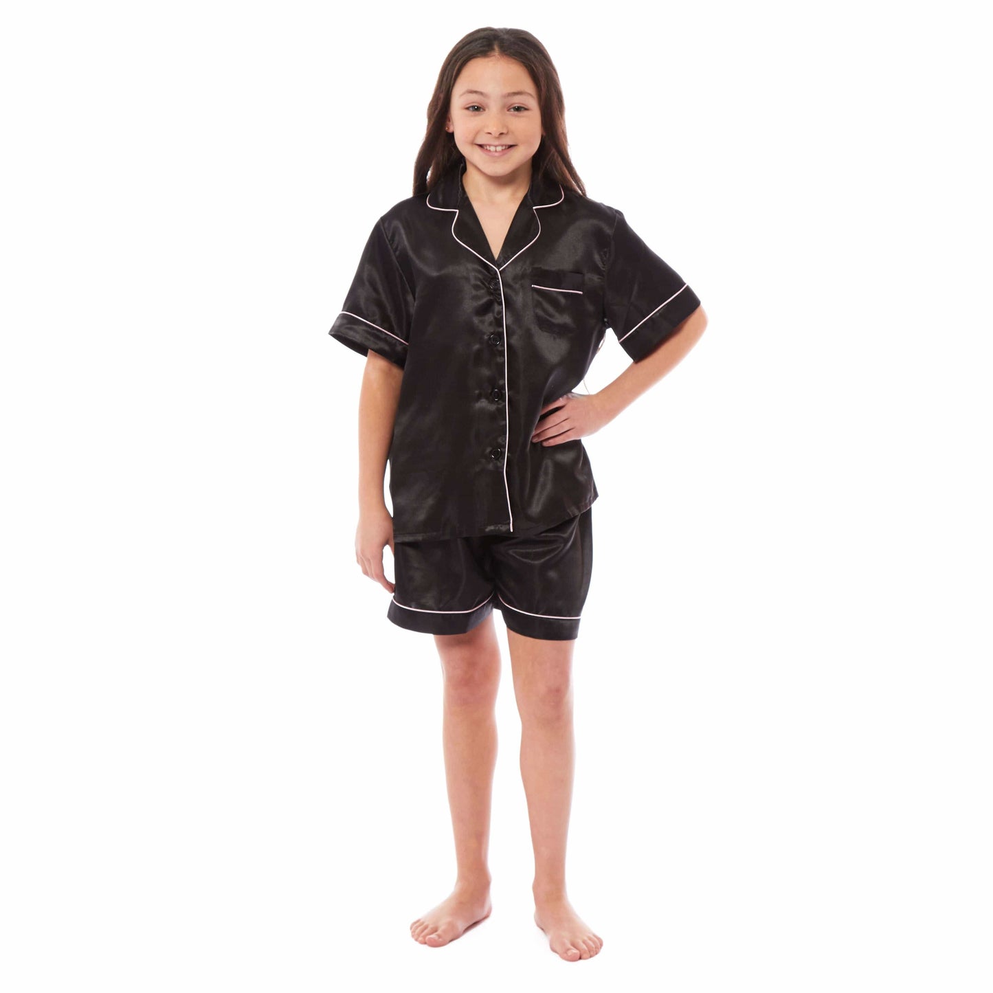 Kids Satin Silk Pyjama Set for Girls with Button-Down Shirt and Loose-Fitting Pants Comfortable Loungewear in Black Pink Grey Ages 5-14 by Daisy Dreamer