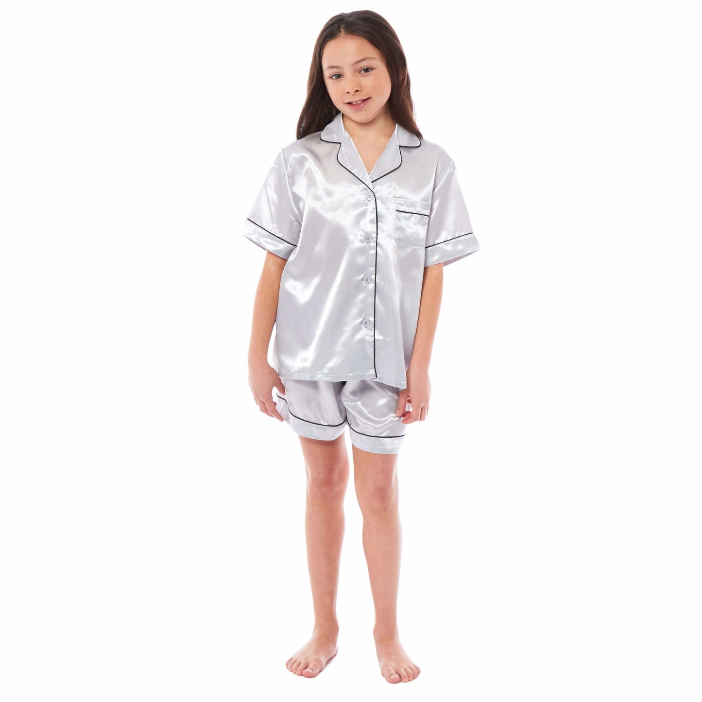 Kids Satin Silk Pyjama Set for Girls with Button-Down Shirt and Loose-Fitting Pants Comfortable Loungewear in Black Pink Grey Ages 5-14 by Daisy Dreamer