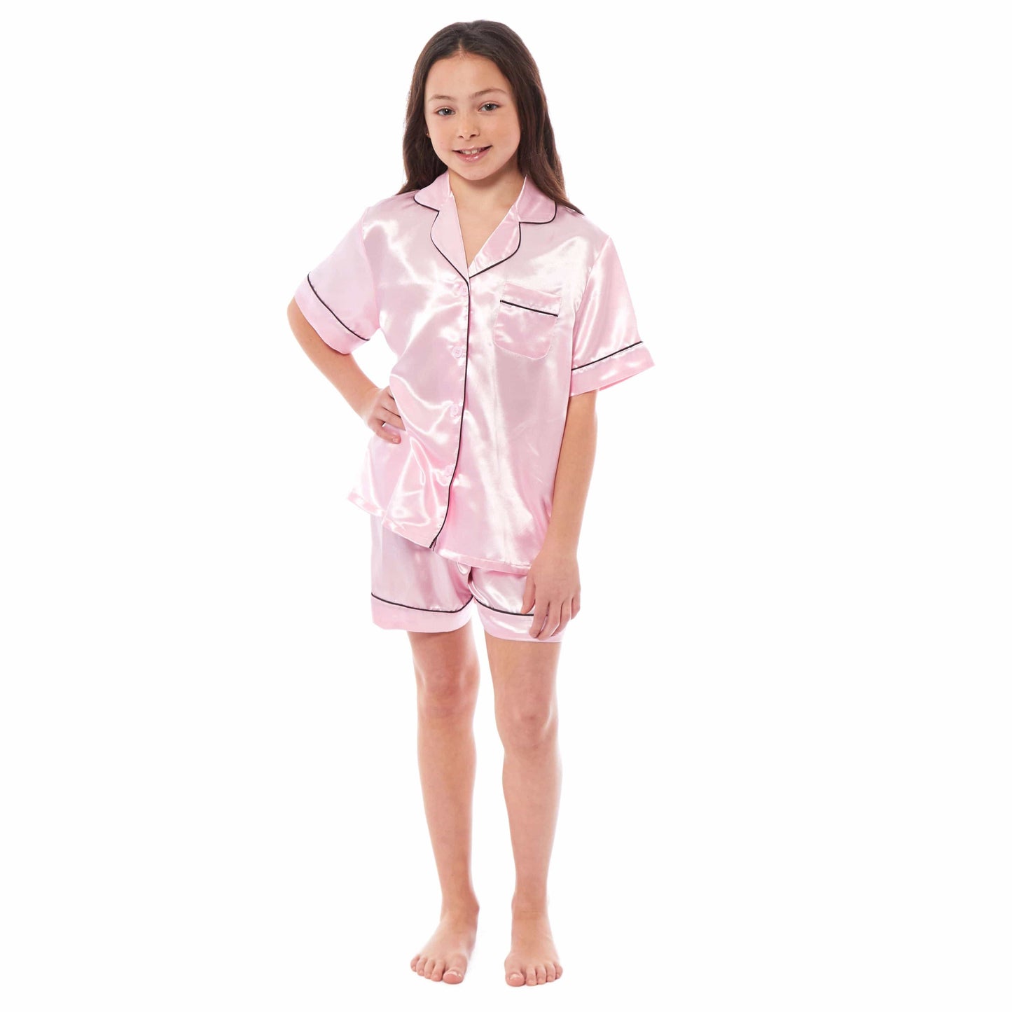 Kids Satin Silk Pyjama Set for Girls with Button-Down Shirt and Loose-Fitting Pants Comfortable Loungewear in Black Pink Grey Ages 5-14 by Daisy Dreamer