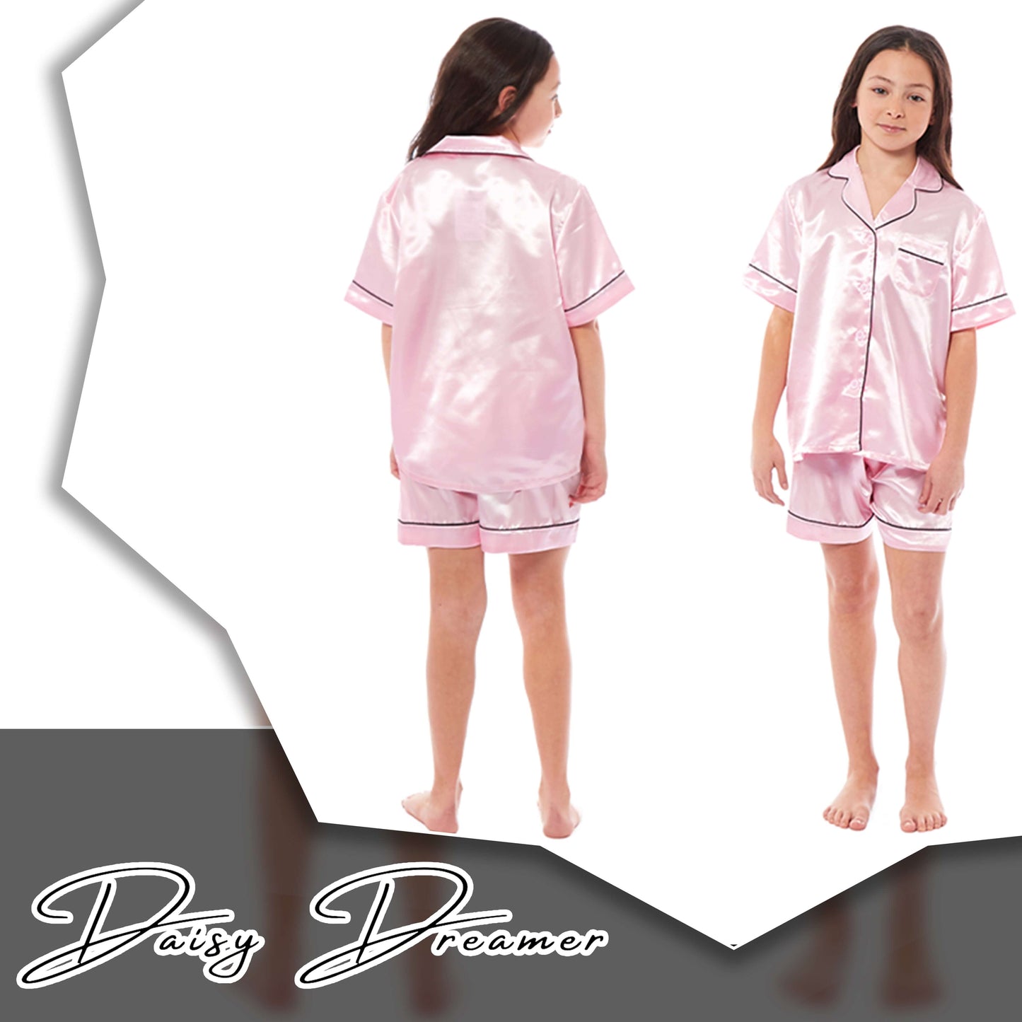 Kids Satin Silk Pyjama Set for Girls with Button-Down Shirt and Loose-Fitting Pants Comfortable Loungewear in Black Pink Grey Ages 5-14 by Daisy Dreamer
