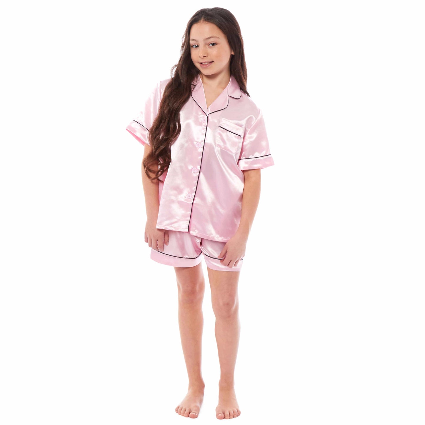 Kids Satin Silk Pyjama Set for Girls with Button-Down Shirt and Loose-Fitting Pants Comfortable Loungewear in Black Pink Grey Ages 5-14 by Daisy Dreamer