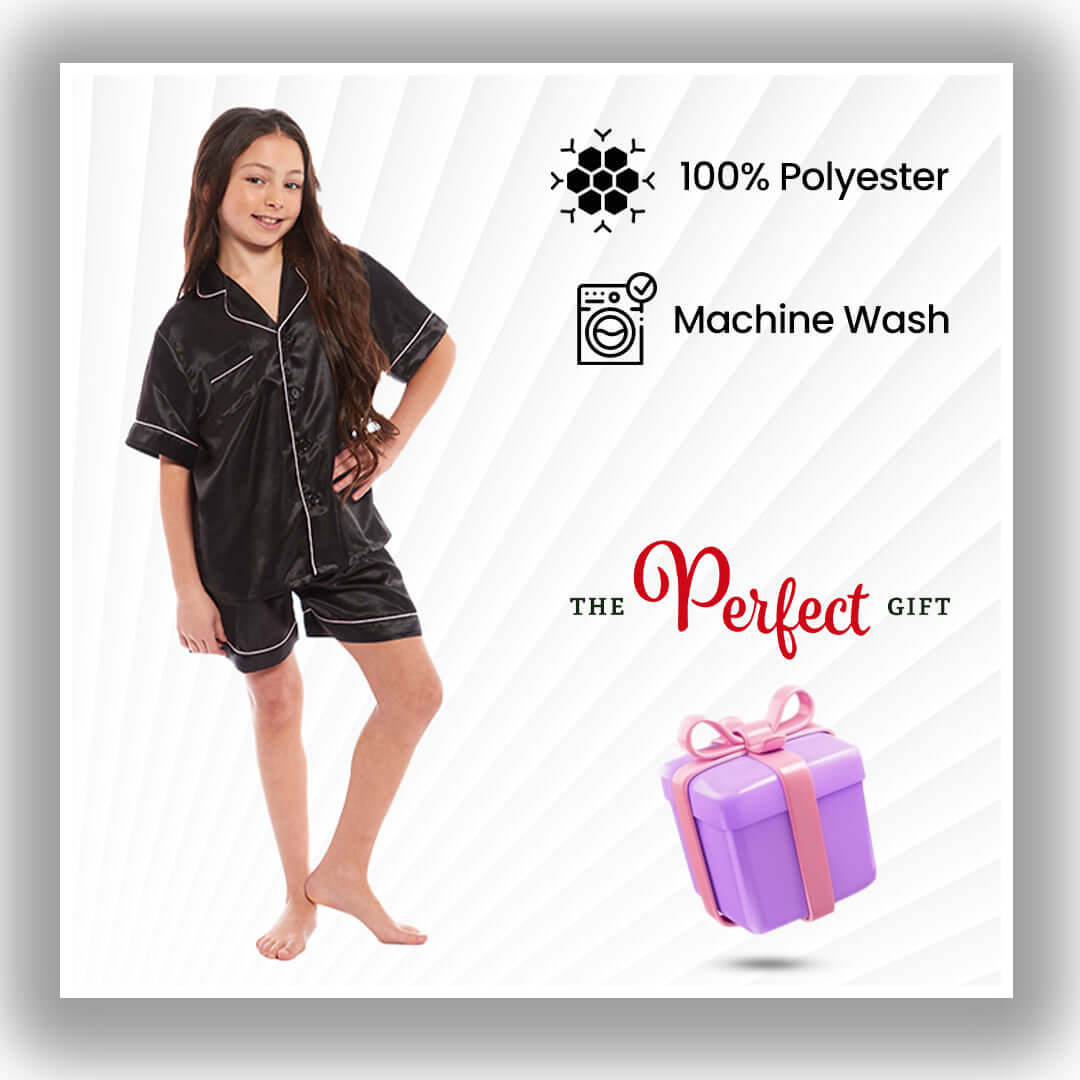 Kids Satin Silk Pyjama Set for Girls with Button-Down Shirt and Loose-Fitting Pants Comfortable Loungewear in Black Pink Grey Ages 5-14 by Daisy Dreamer