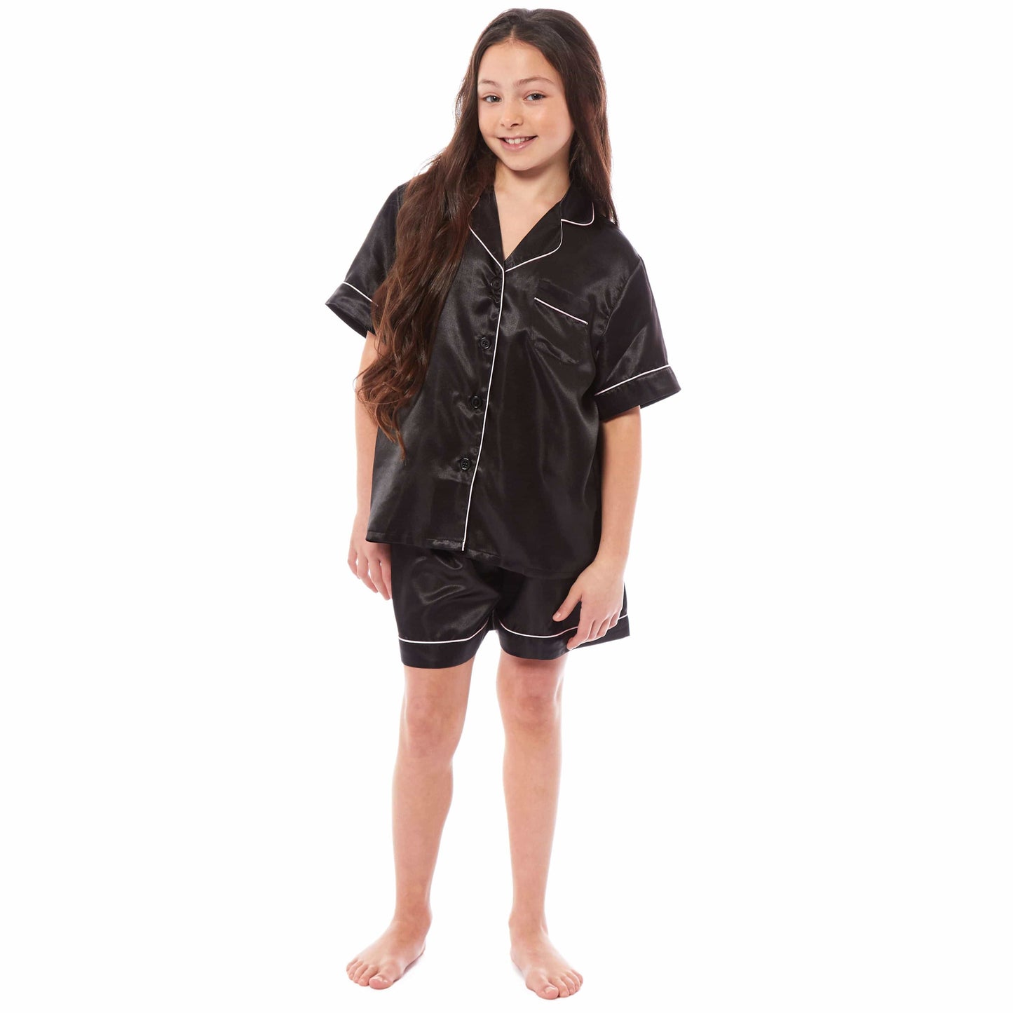 Kids Satin Silk Pyjama Set for Girls with Button-Down Shirt and Loose-Fitting Pants Comfortable Loungewear in Black Pink Grey Ages 5-14 by Daisy Dreamer