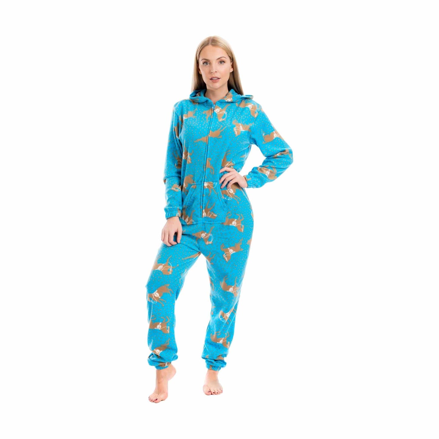 Ladies Soft Horse Print Fleece Hooded Onesie Pyjamas Warm Nightwear Jumpsuit with Zipper Elastic Cuffs Pink Blue Sizes 10-20 by Daisy Dreamer