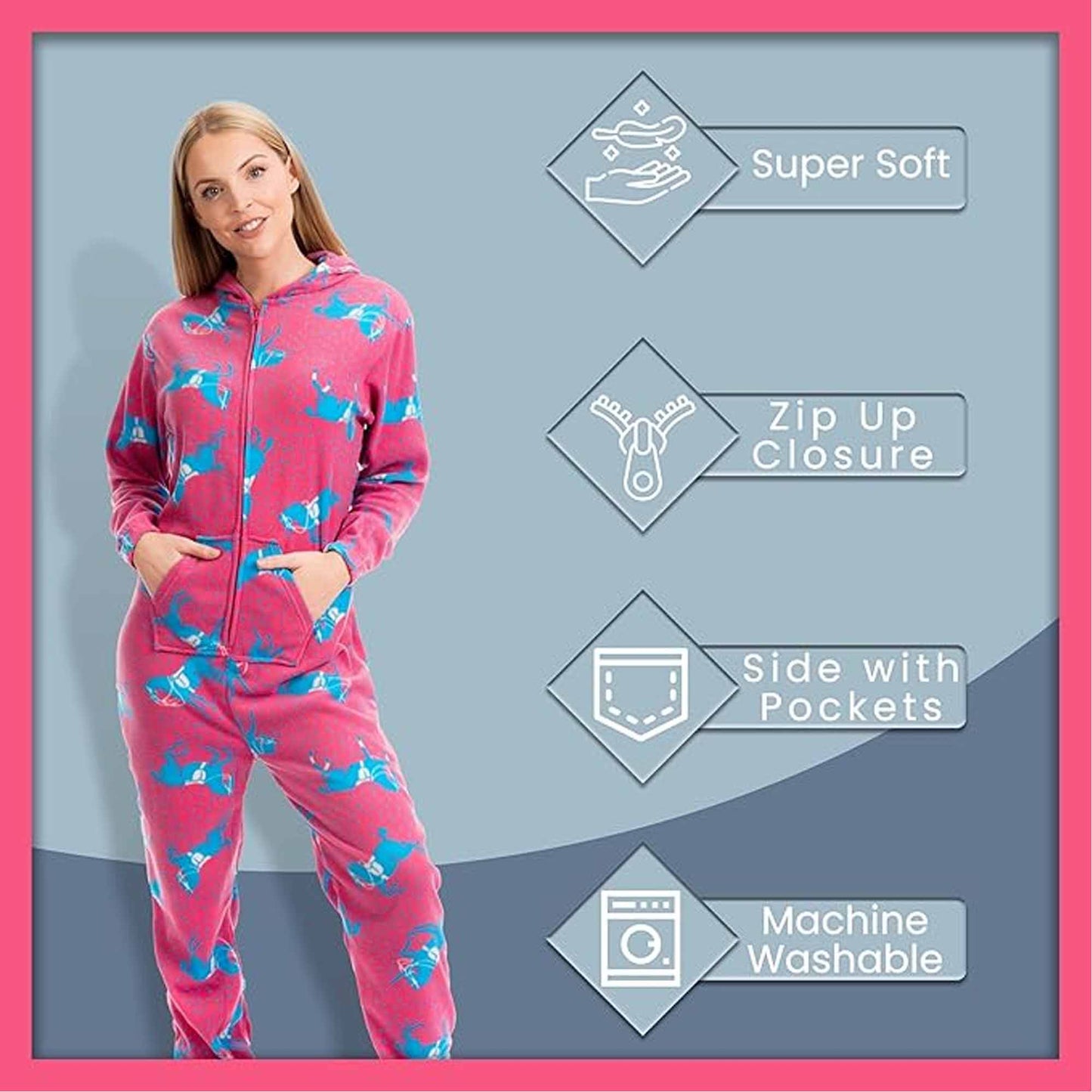 Ladies Soft Horse Print Fleece Hooded Onesie Pyjamas Warm Nightwear Jumpsuit with Zipper Elastic Cuffs Pink Blue Sizes 10-20 by Daisy Dreamer