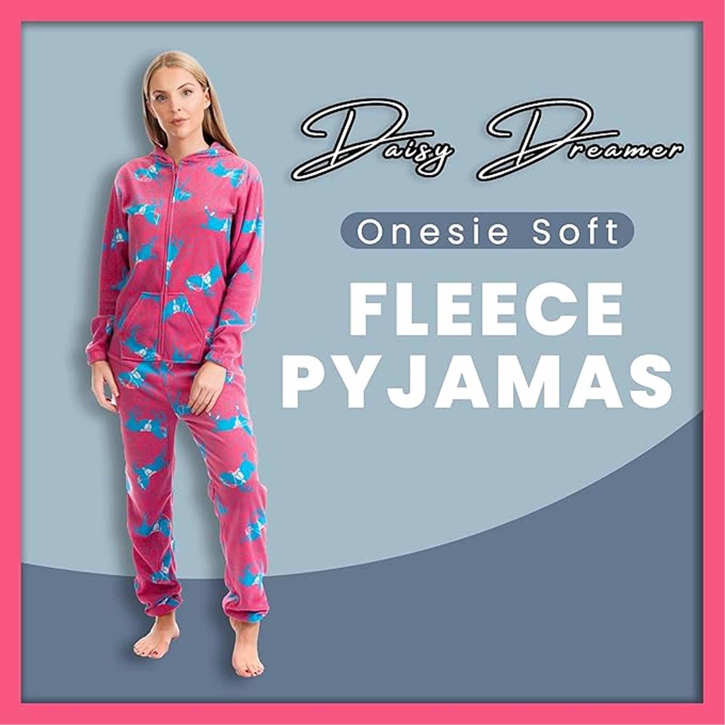 Ladies Soft Horse Print Fleece Hooded Onesie Pyjamas Warm Nightwear Jumpsuit with Zipper Elastic Cuffs Pink Blue Sizes 10-20 by Daisy Dreamer