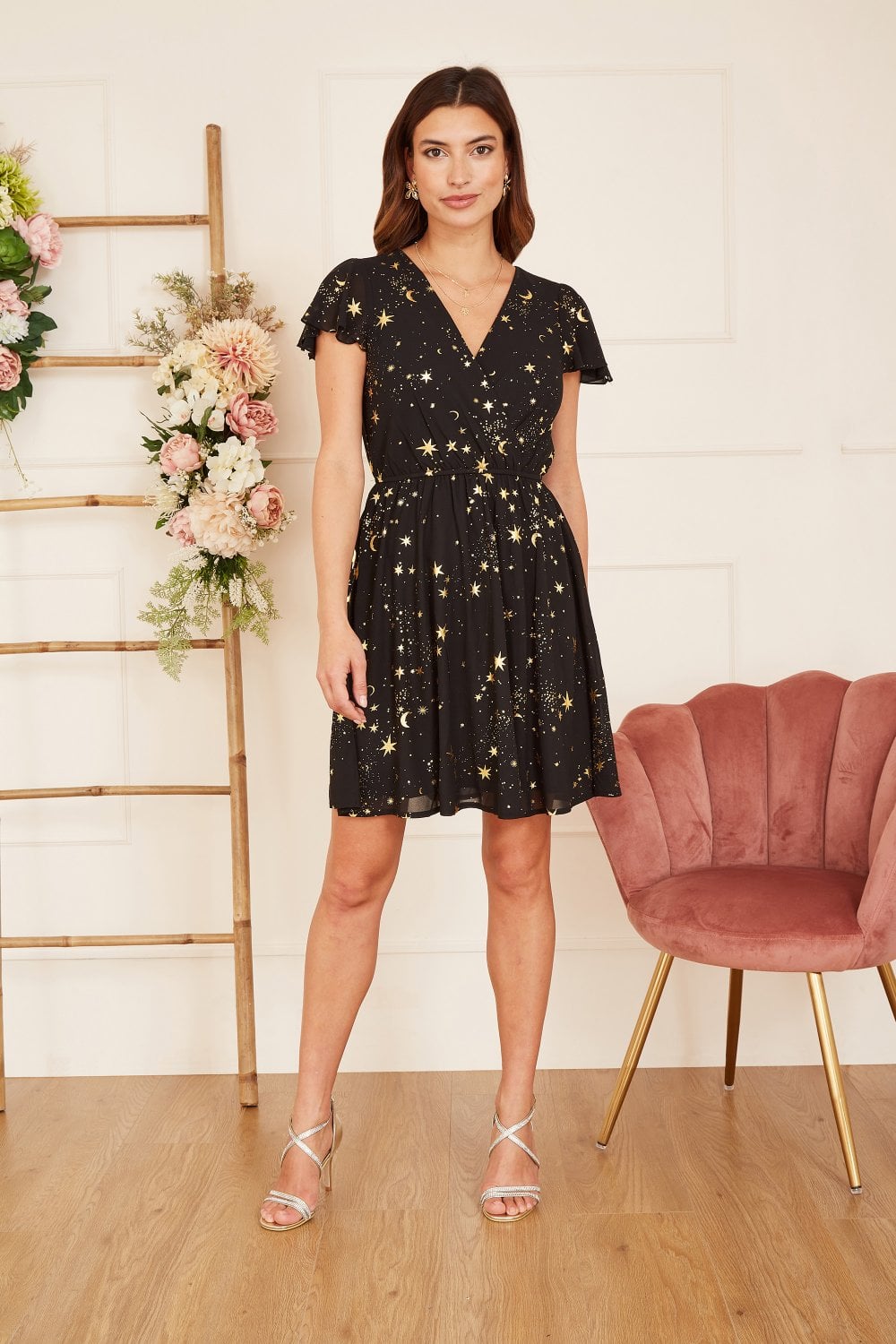 Mela Black Foil Star Print Wrap Skater Dress