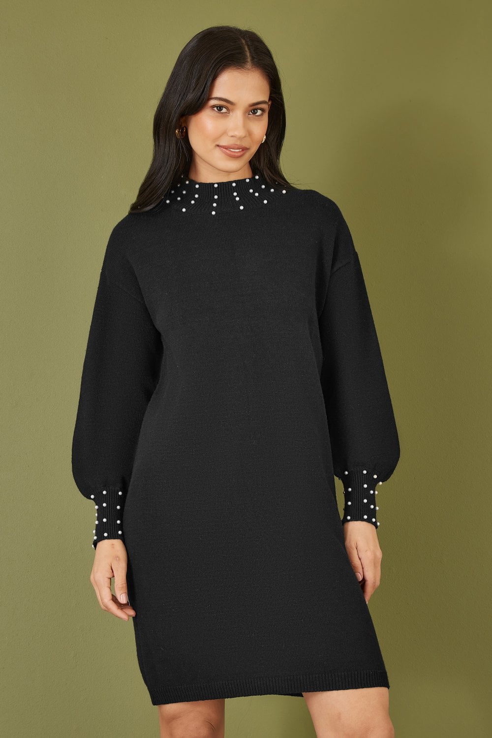 Mela Black Pearl Detail Knitted Relaxed Jumper Dress