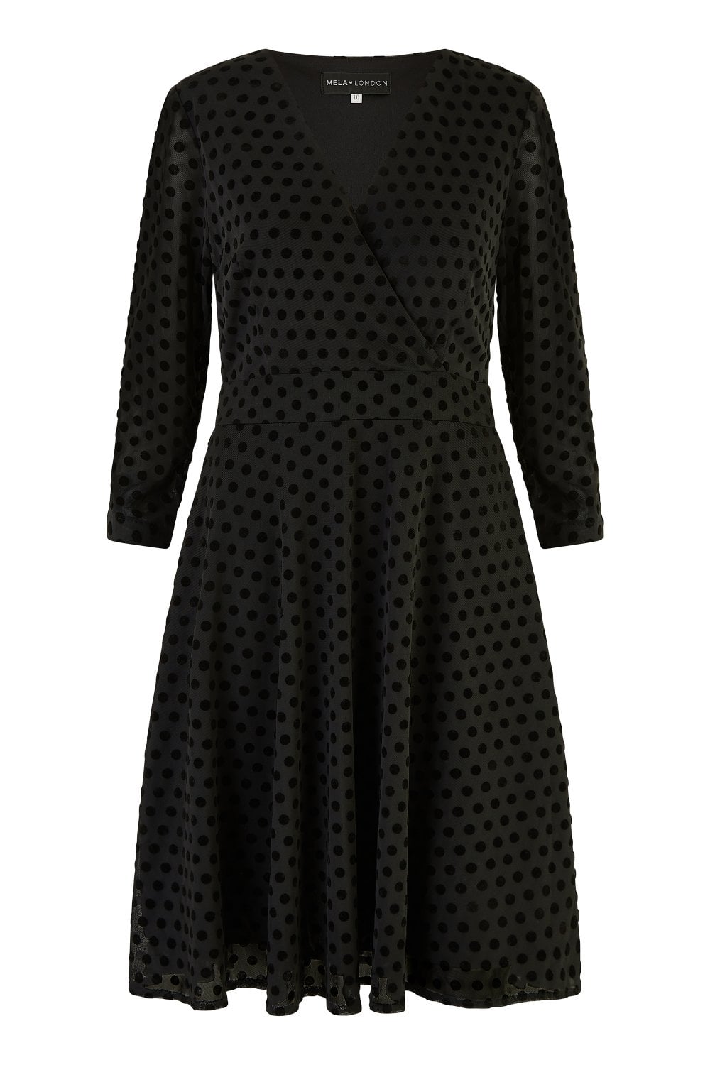 Mela Black Velour Spot 3/4 Sleeve Wrap Skater Dress
