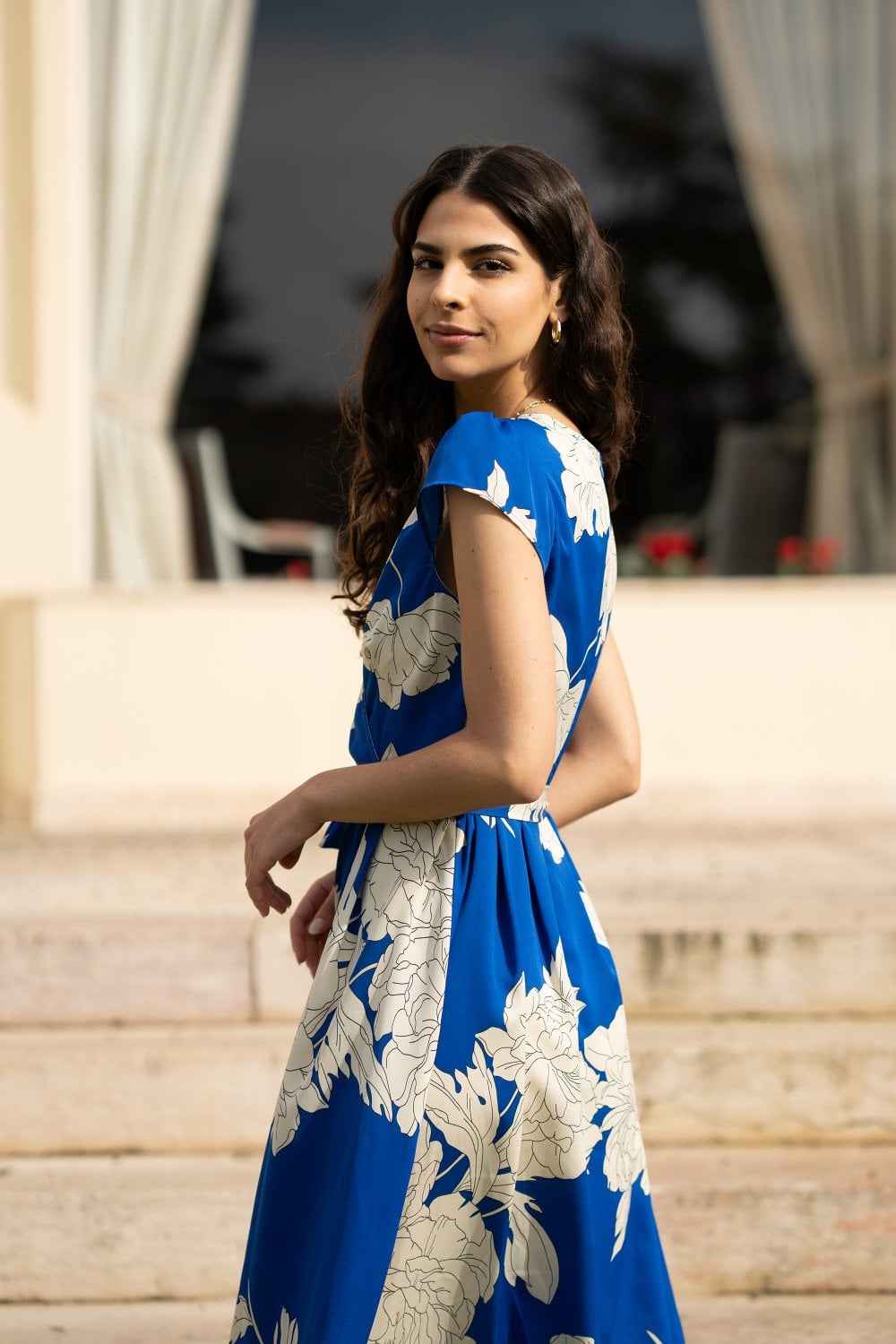 Mela Blue Blossom Print Wrap Midi With Dipped Hem