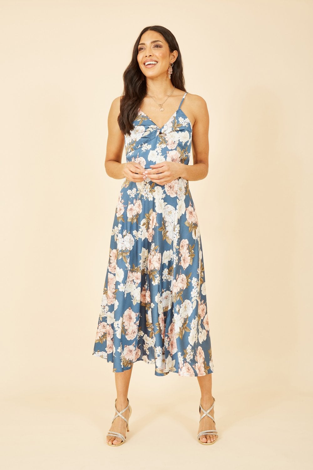 Mela Blue Floral Satin Twist Front Midi Dress