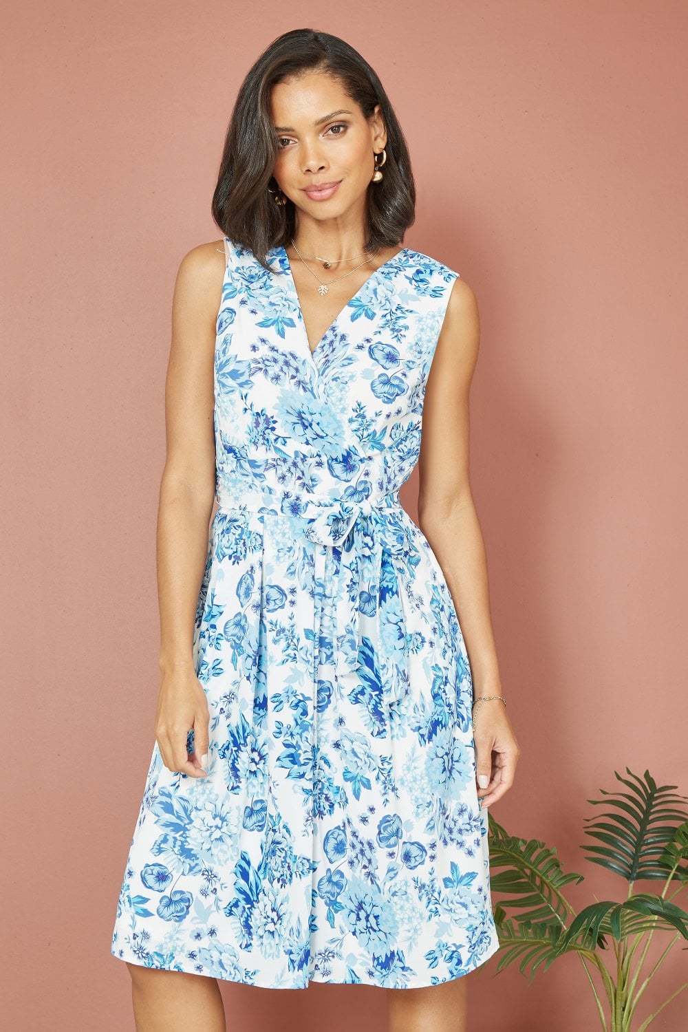 Mela Blue Floral Wrap Over Skater Dress