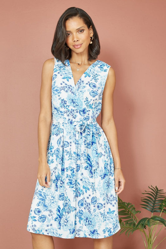 Mela Blue Floral Wrap Over Skater Dress