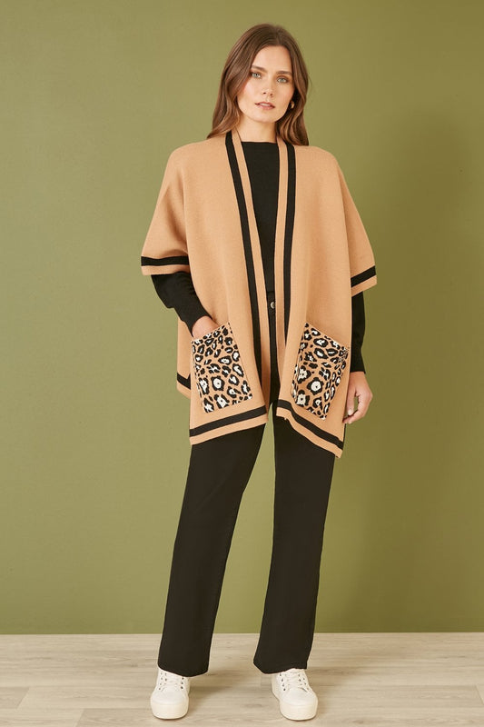 Mela Camel Leopard Print Pocket Knitted Cape