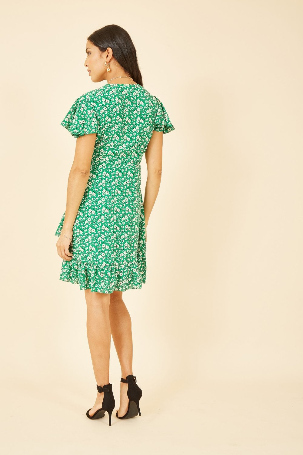 Mela Green Ditsy Floral Wrap Frill Dress