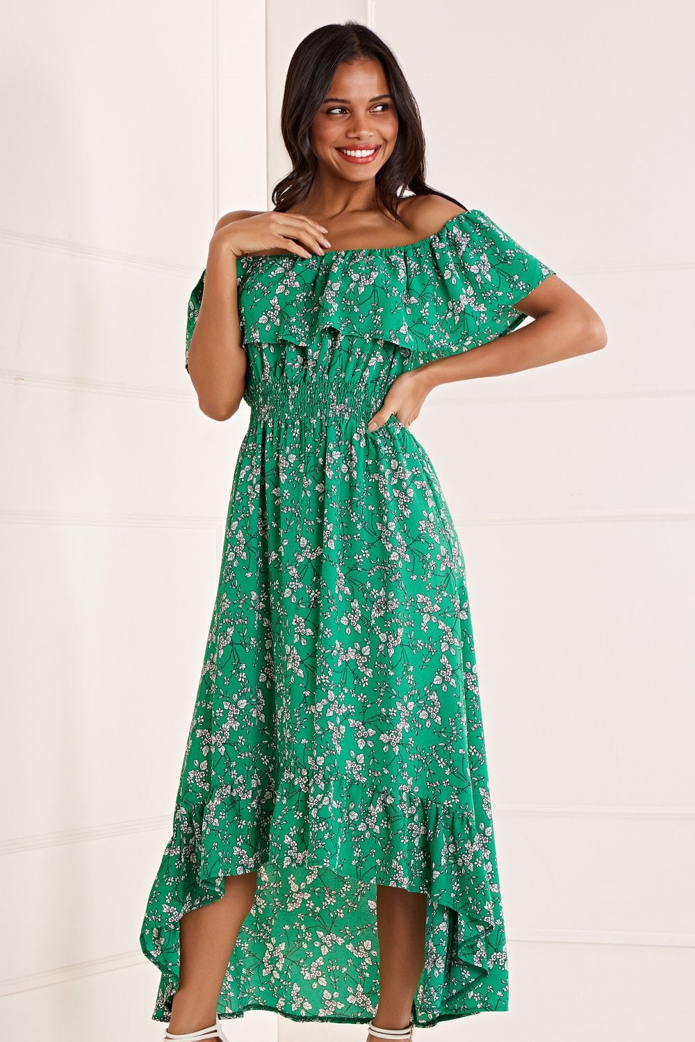 Mela Green Ditsy Print Bardot Dipped Hem Dress