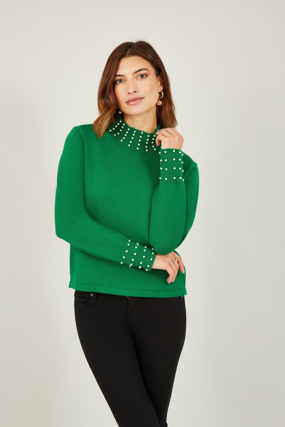 Mela Green Pearl Detail High Neck Jumper