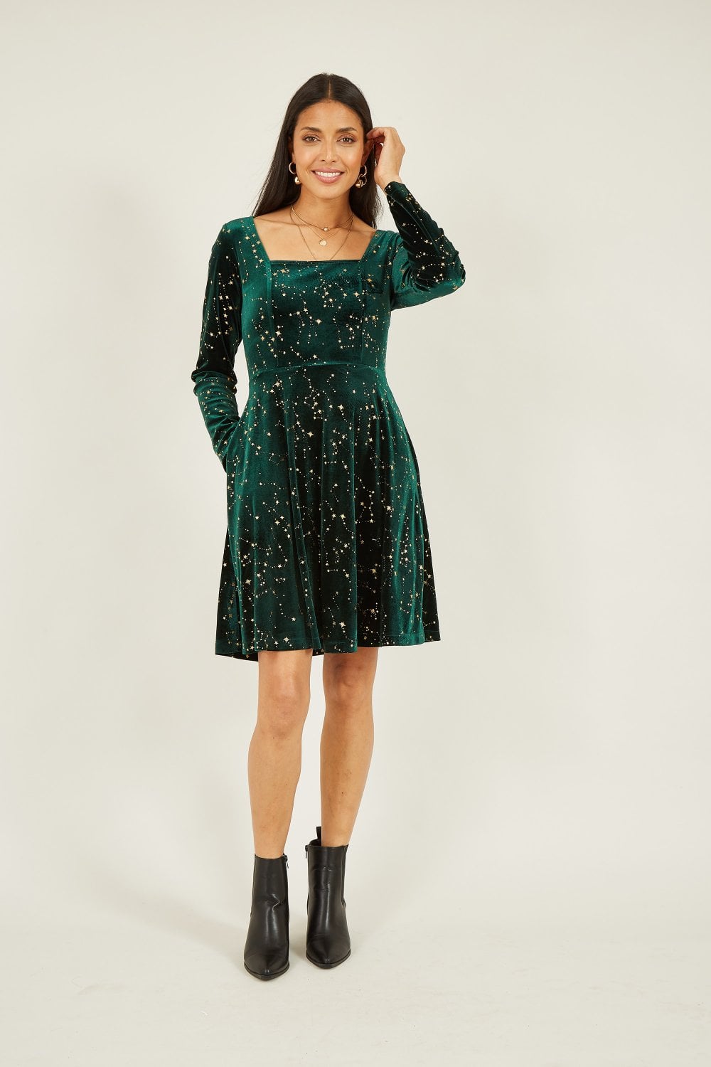 Mela Green Star Foil Print Long Sleeve Skater Dress